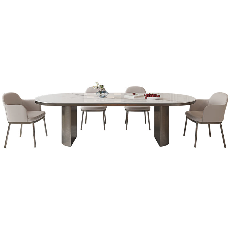 Oval Sintered Stone Dining Table Modern Table in White with Double Pedestal