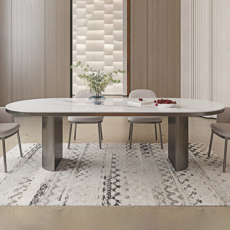 Oval Sintered Stone Dining Table Modern Table in White with Double Pedestal