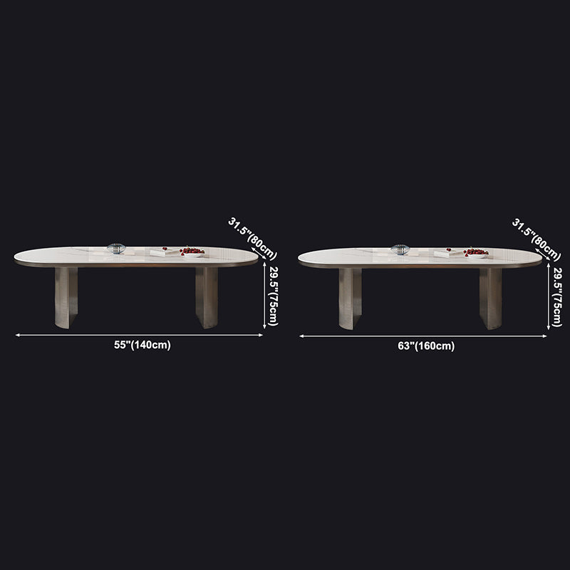 Oval Sintered Stone Dining Table Modern Table in White with Double Pedestal