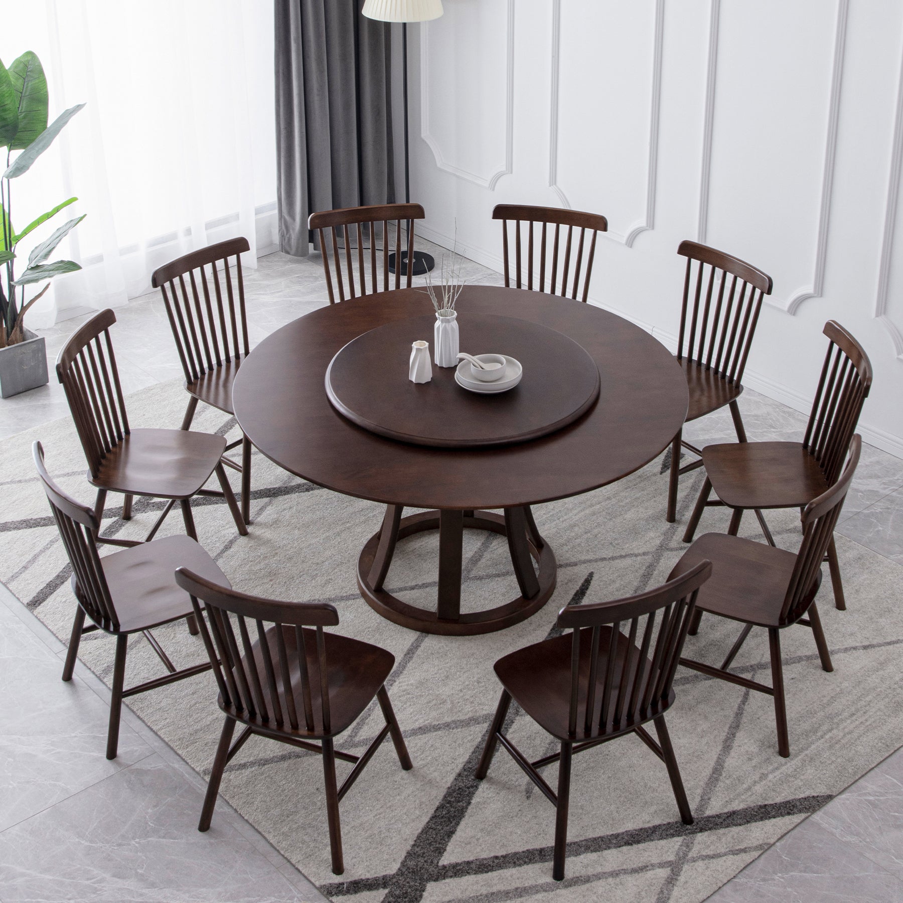 Rotatable Wooden Round Table in Brown Rubber Wood Dining Table with Pedestal