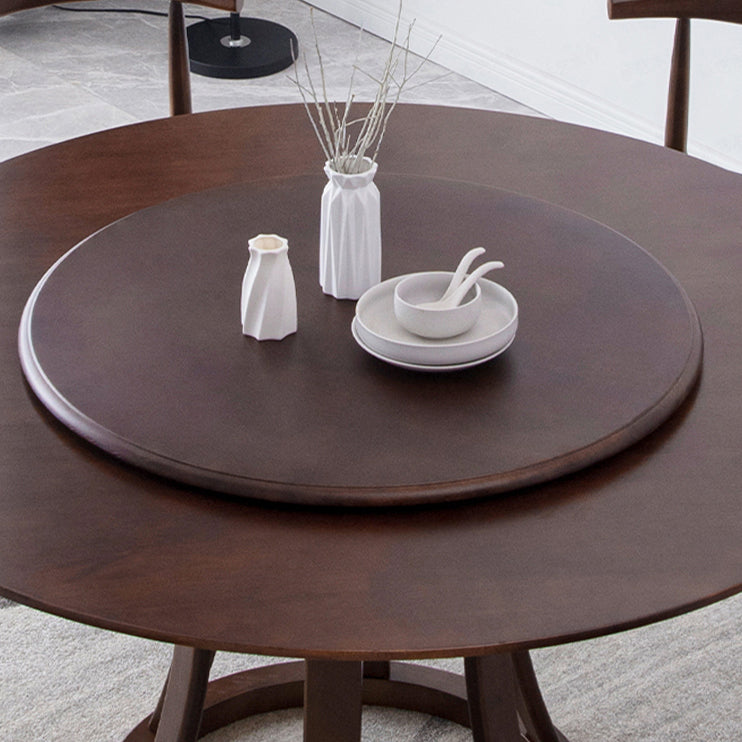 Rotatable Wooden Round Table in Brown Rubber Wood Dining Table with Pedestal