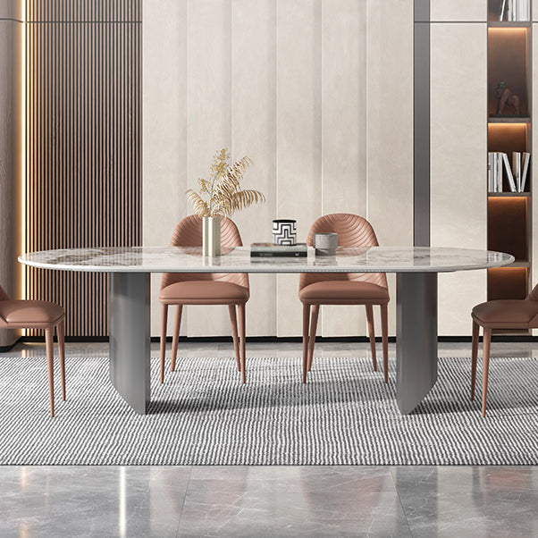 Sintered Stone Dining Table Modern Table in White with Grey Double Pedestal