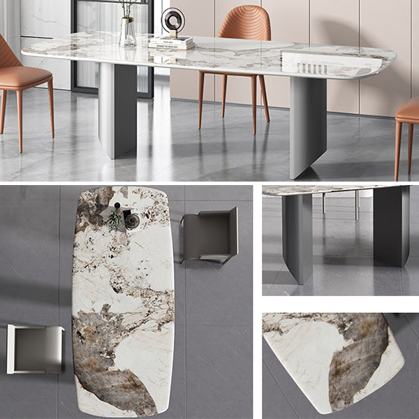 Sintered Stone Dining Table Modern Table in White with Grey Double Pedestal