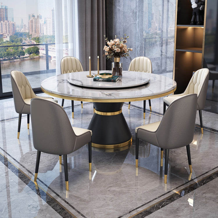 Modern Style Home Marble Dining Table Single Pedestal Base Round Table with Turntable