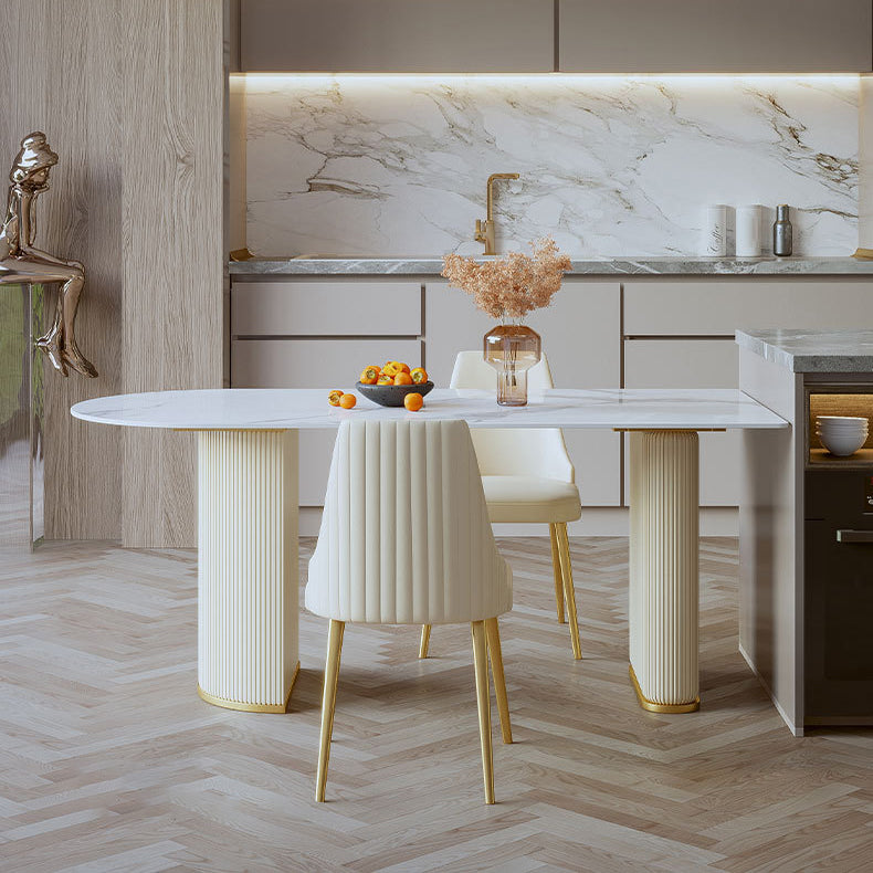 Mesa de comedor de piedra sinterizada de cocina de estilo glamour con base de pedestal doble