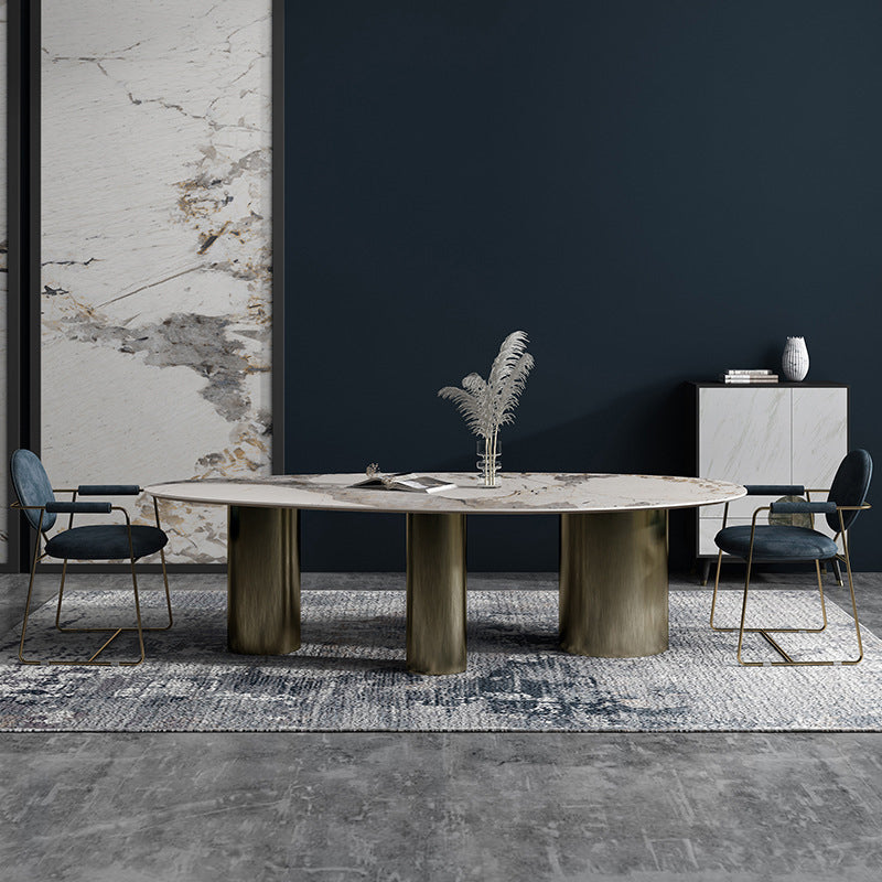 Oval Sintered Stone Dining Table Luxury Table in White with Metal 3 Legs