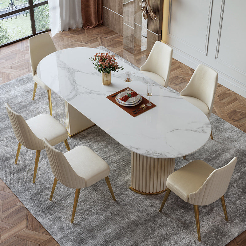 Mesa de comedor ovalada de lujo tradicional mesa sinterizada con pedestal doble blanco