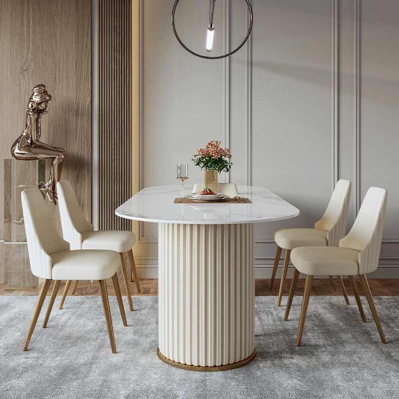 Mesa de comedor ovalada de lujo tradicional mesa sinterizada con pedestal doble blanco