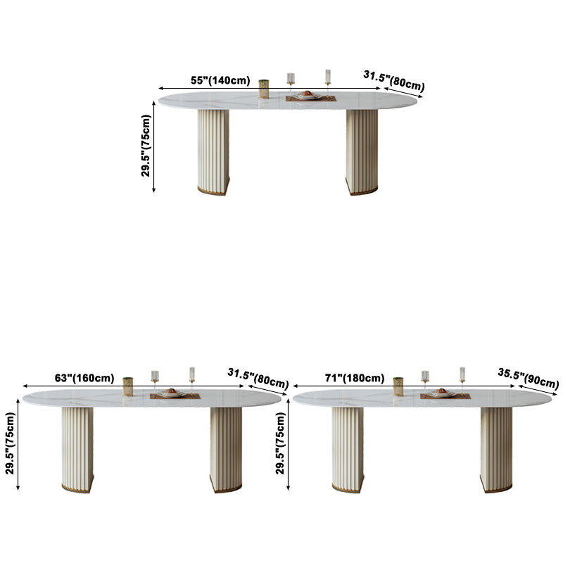 Mesa de comedor ovalada de lujo tradicional mesa sinterizada con pedestal doble blanco