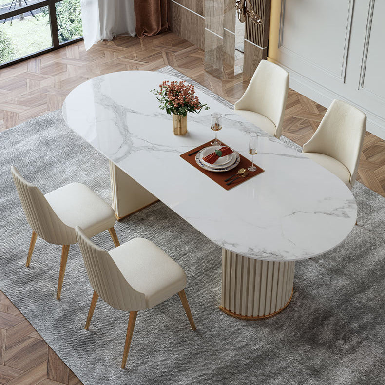 Mesa de comedor ovalada de lujo tradicional mesa sinterizada con pedestal doble blanco