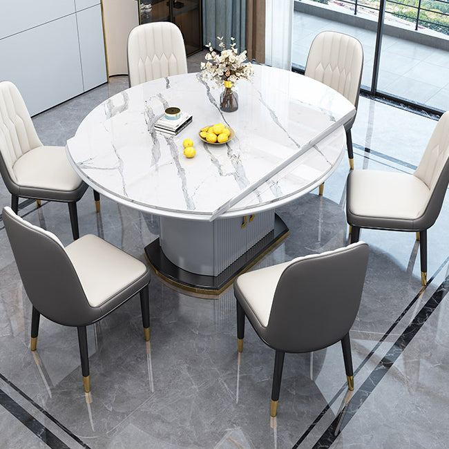 Extendable Round Dining Table Luxury Sintered Stone Top Table with Storage Pedestal