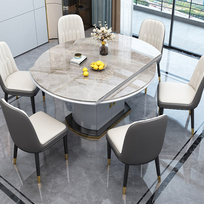 Extendable Round Dining Table Luxury Sintered Stone Top Table with Storage Pedestal