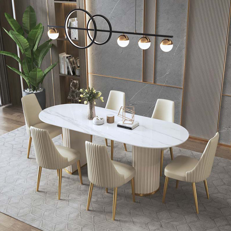 Traditionele luxe ovale eettafel gesinterde stenen tafel met witte dubbele voetstuk