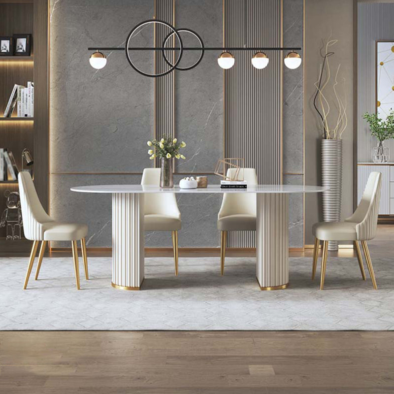 Traditionele luxe ovale eettafel gesinterde stenen tafel met witte dubbele voetstuk