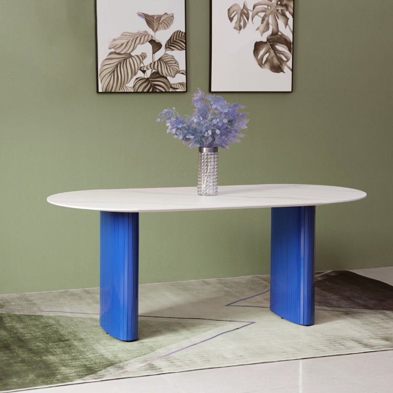 Tavolo da pranzo in pietra di pietra bianca e blu moderna tavolo da pranzo a forma ovale con doppia basi di piedistallo