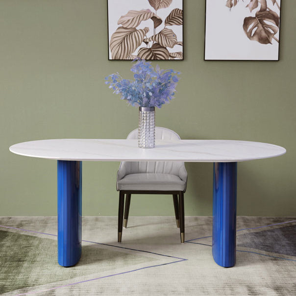 Tavolo da pranzo in pietra di pietra bianca e blu moderna tavolo da pranzo a forma ovale con doppia basi di piedistallo