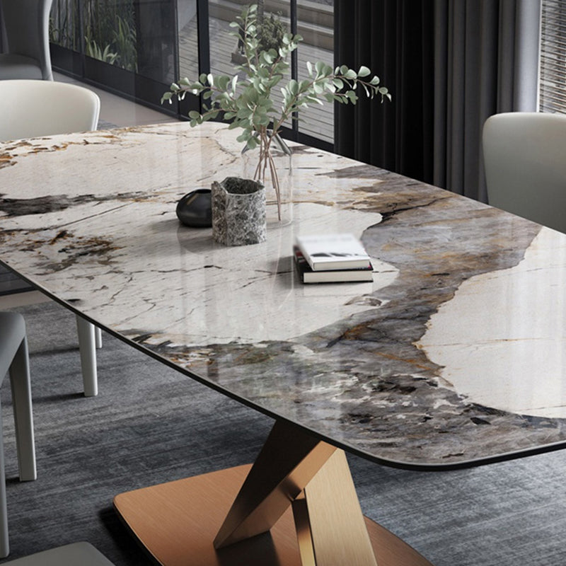 Mesa de comedor gris con forma rectangular Glam, mesa de comedor de cocina de piedra sinterizada con base de pedestal