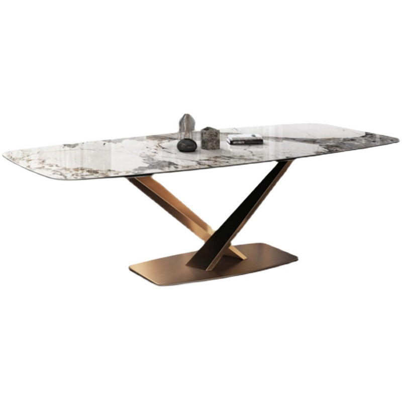Mesa de comedor gris con forma rectangular Glam, mesa de comedor de cocina de piedra sinterizada con base de pedestal