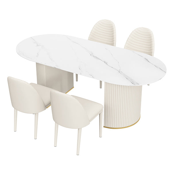 Traditional Luxury Oval Dining Table Sintered Stone Table with White Double Pedestal for Dining Room