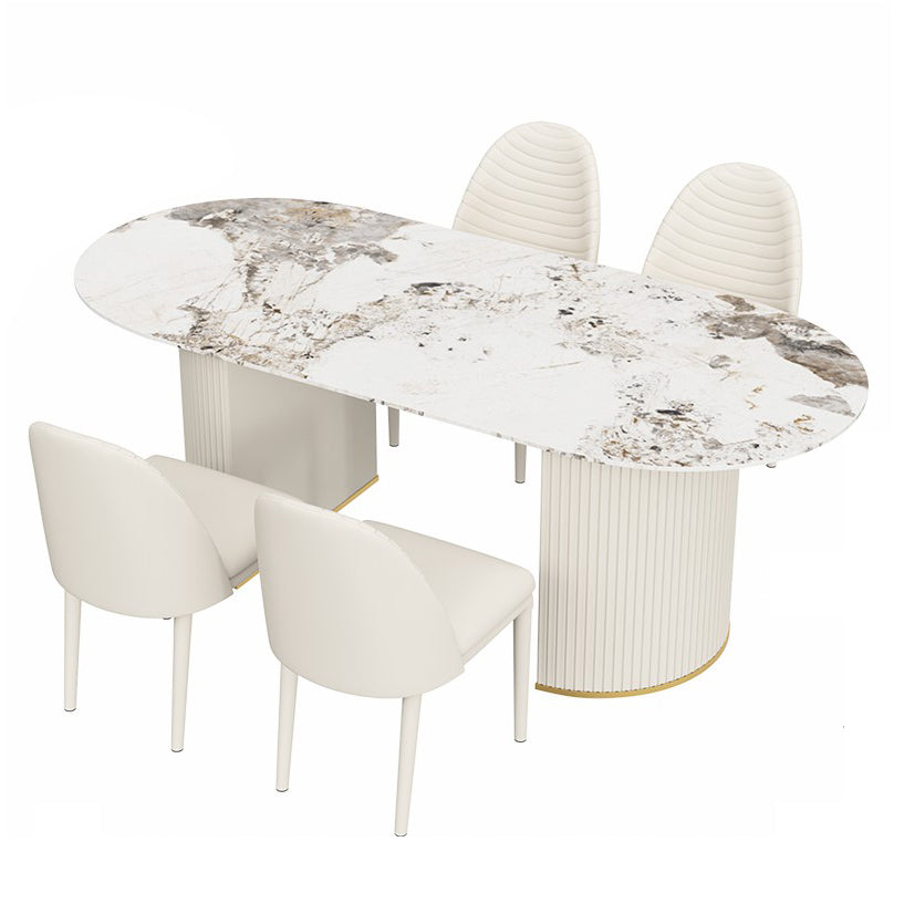 Traditional Luxury Oval Dining Table Sintered Stone Table with White Double Pedestal for Dining Room