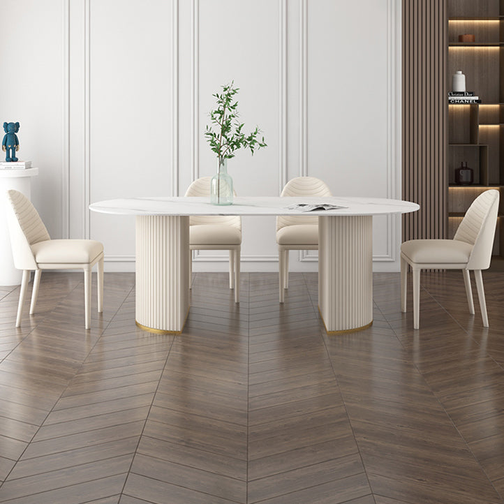 Traditional Luxury Oval Dining Table Sintered Stone Table with White Double Pedestal for Dining Room