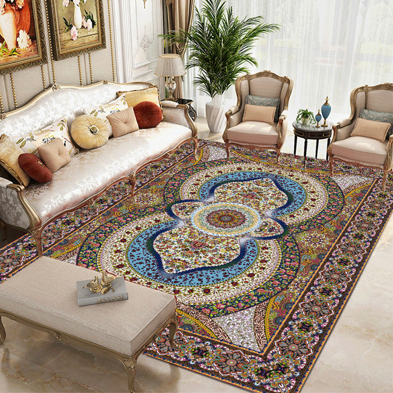 Tapis traditionnel vert Médaillon Médaillon Tapis lavable pour le salon