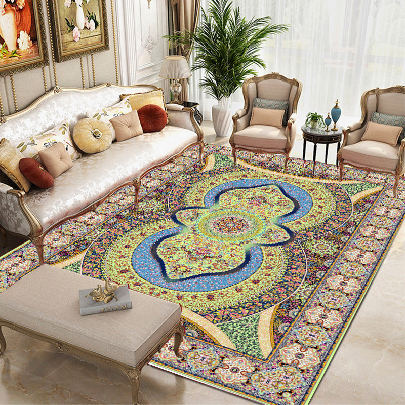 Tapis traditionnel vert Médaillon Médaillon Tapis lavable pour le salon