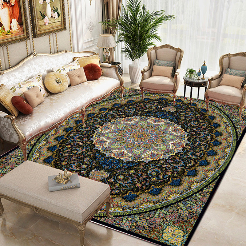 Tapis traditionnel vert Médaillon Médaillon Tapis lavable pour le salon