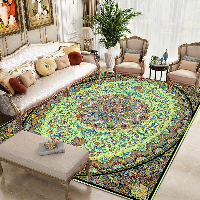 Tapis traditionnel vert Médaillon Médaillon Tapis lavable pour le salon