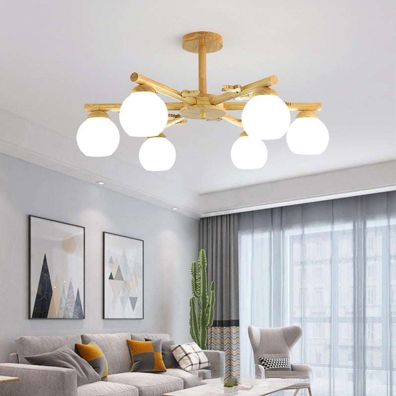 Moderne stijl houten kroonluchter witte bol glazen schaduw hangende verlichting armatuur voor salon