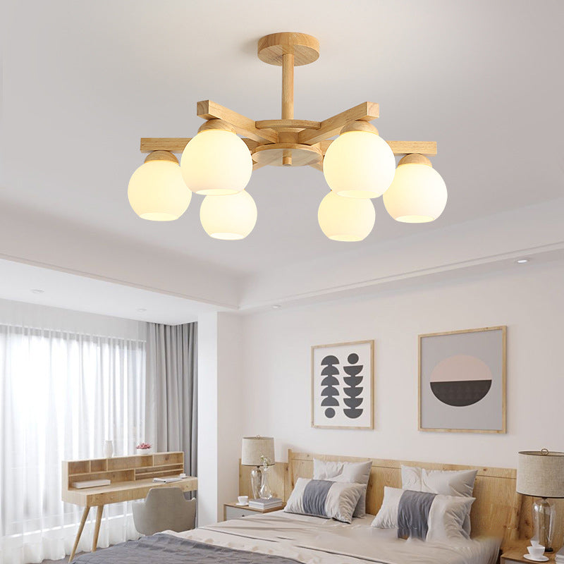 Moderne stijl houten kroonluchter witte bol glazen schaduw hangende verlichting armatuur voor salon