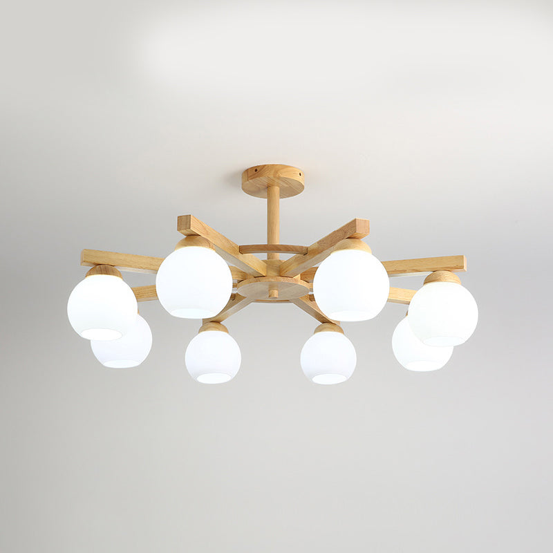 Moderne stijl houten kroonluchter witte bol glazen schaduw hangende verlichting armatuur voor salon