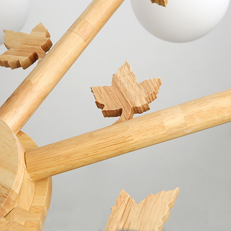 Moderne stijl houten kroonluchter witte bol glazen schaduw hangende verlichting armatuur voor salon