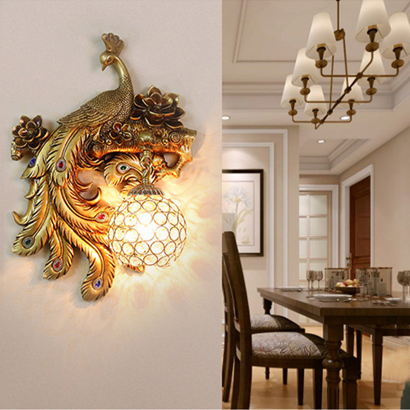 Iluminación de apliques de pared de pavo real lámpara de iluminación de pared de oro de estilo tradicional de estilo tradicional
