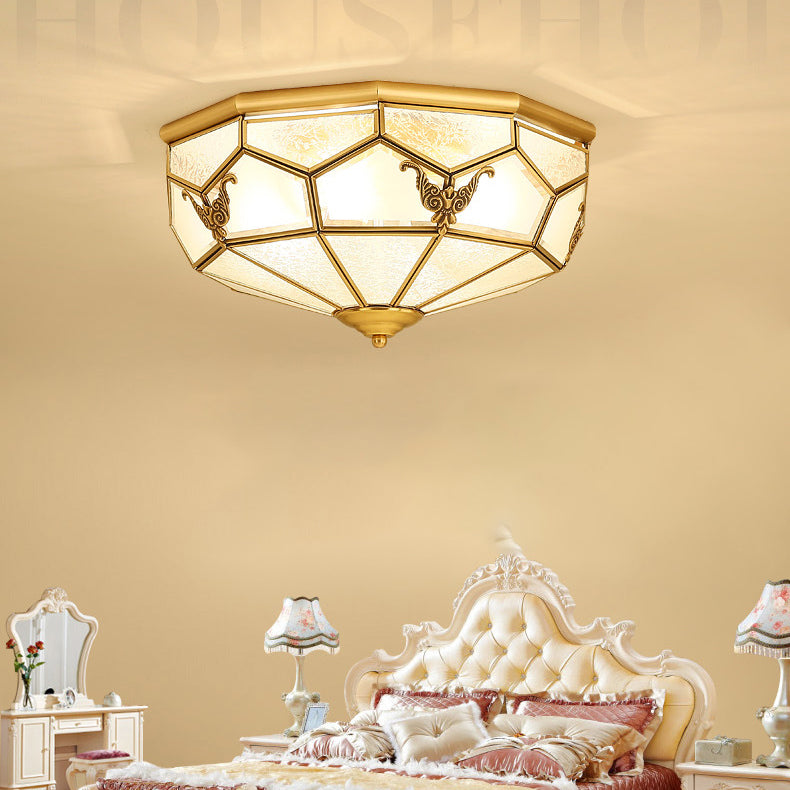 Colonial Luxury Bowl - Lámpara de techo de cobre para interior con pantalla de cristal estampada