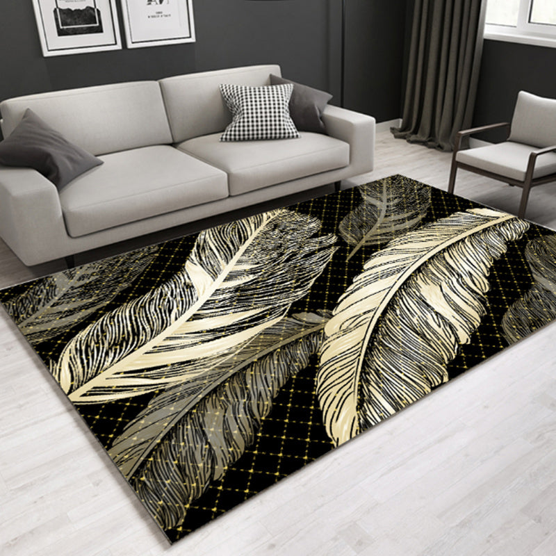 Gold Modern Rug Polyester Leaves Rug Non-Slip Backing Rug for Home Decor