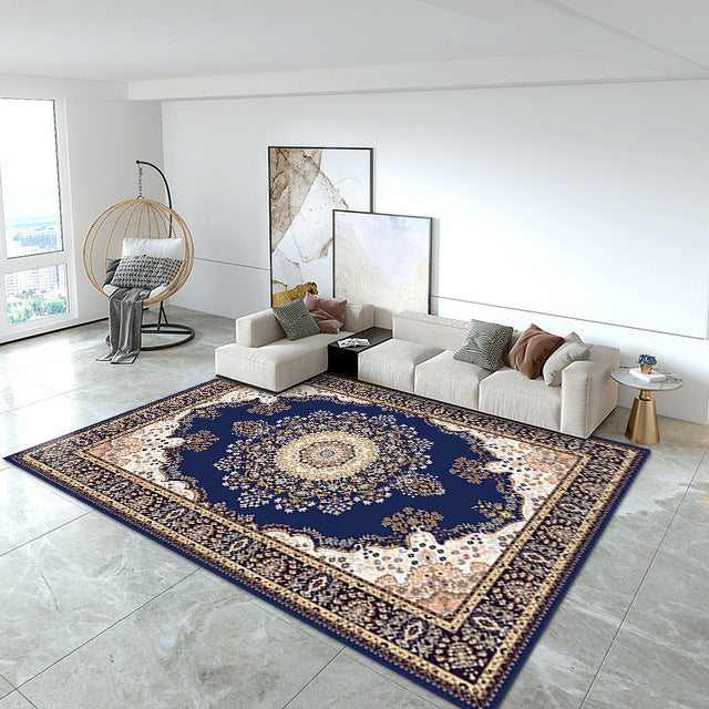 Blue European Carpet Medallion Print Polyester Area Rug Stain Resistant Rug for Home Decor