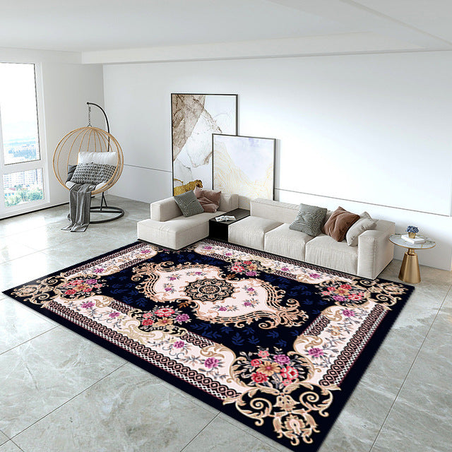 Blue European Carpet Medallion Print Polyester Area Rug Stain Resistant Rug for Home Decor