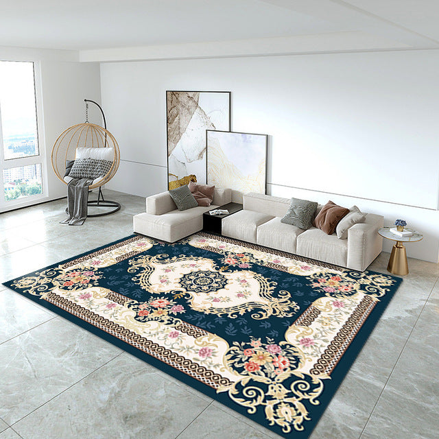 Blue European Carpet Medallion Print Polyester Area Rug Stain Resistant Rug for Home Decor