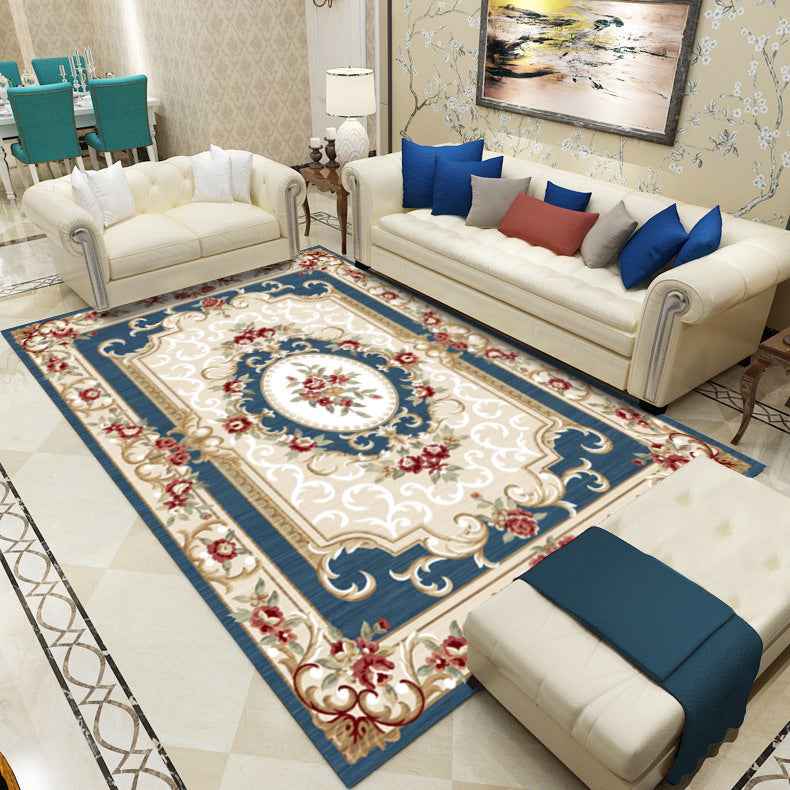 European Living Room Area Carpet Floral Pattern Polyester Area Rug Anti-Slip Easy Care Rug