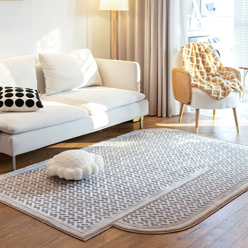 Grey Plaid Pattern Area Carpet Polyester Area Rug Easy Care Washable Rug for Living Room