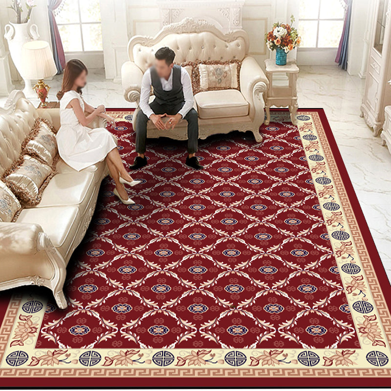 Red Traditional Area Rug Medallion Print Polyester Area Carpet Stain Resistant Rug for Home Decor