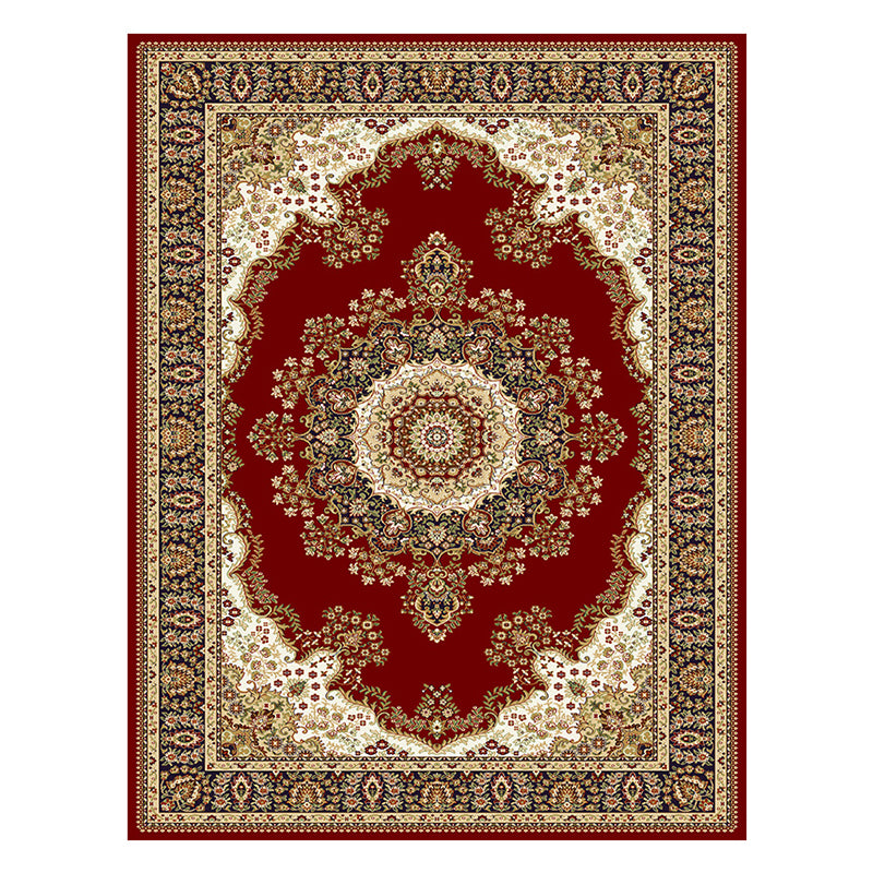 Red Traditional Area Rug Medallion Print Polyester Area Carpet Stain Resistant Rug for Home Decor