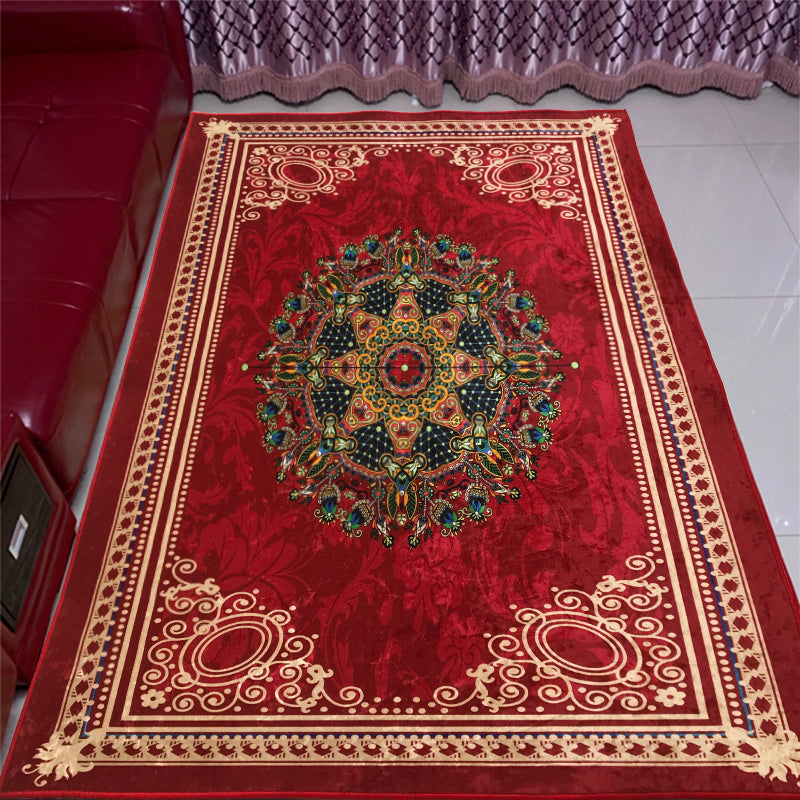 Fancy Red Carpet Medallion Pattern Traditional Area Rug Polyester Non-Slip Backing Rug for Bedroom