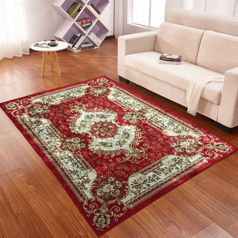 Fancy Red Carpet Medallion Pattern Traditional Area Rug Polyester Non-Slip Backing Rug for Bedroom