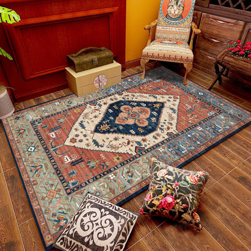 Red Tone Traditional Rug Retro Flower Print Carpet Stain Resistant Carpet for Living Room