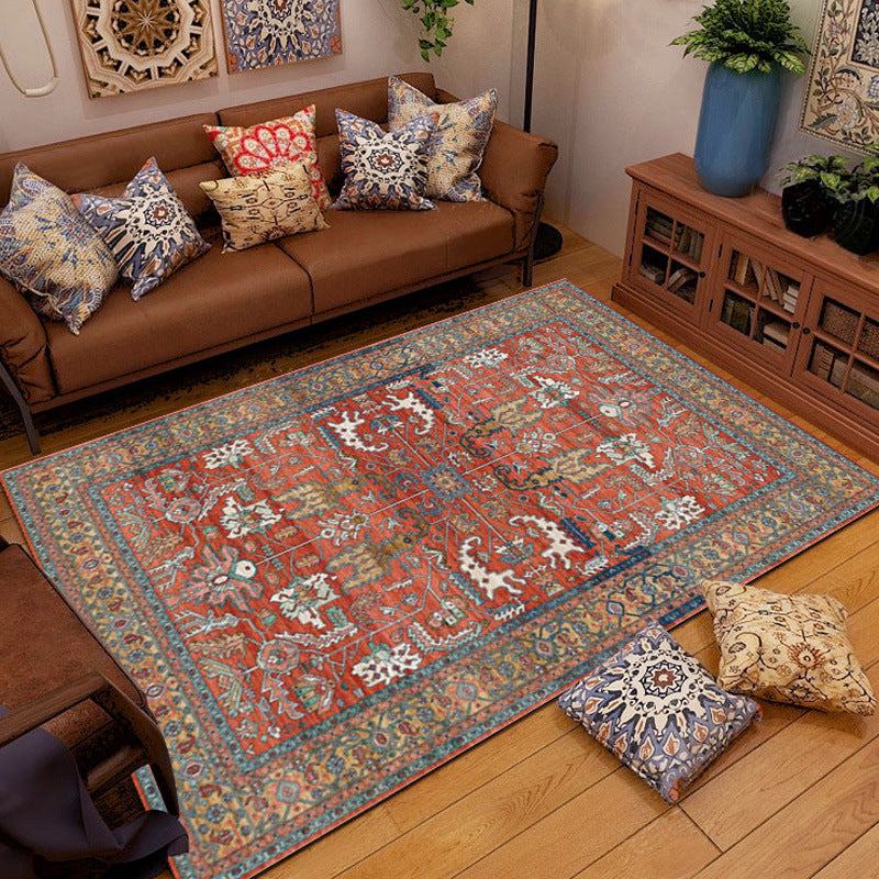 Red Tone Traditional Rug Retro Flower Print Carpet Stain Resistant Carpet for Living Room