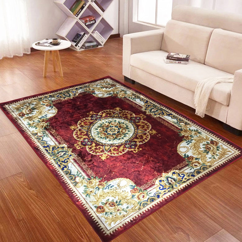 Stylish Medallion Pattern Area Carpet Red Traditional Area Rug Anti-Slip Rug for Living Room