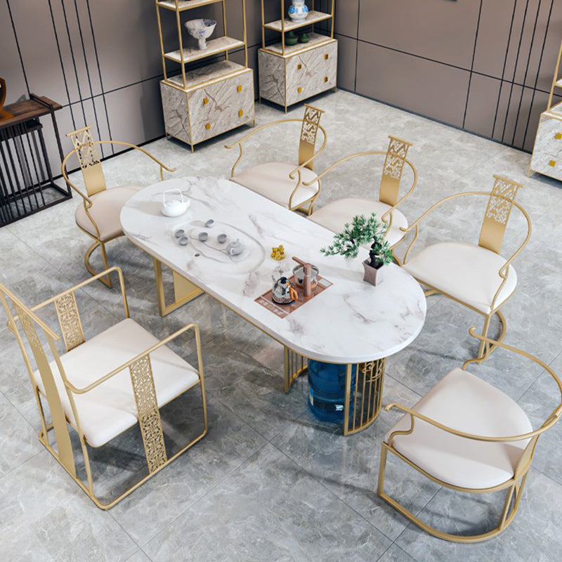 Traditional Luxury Oval Dining Table Sintered Stone Table with Gold Double Pedestal for Dining Room