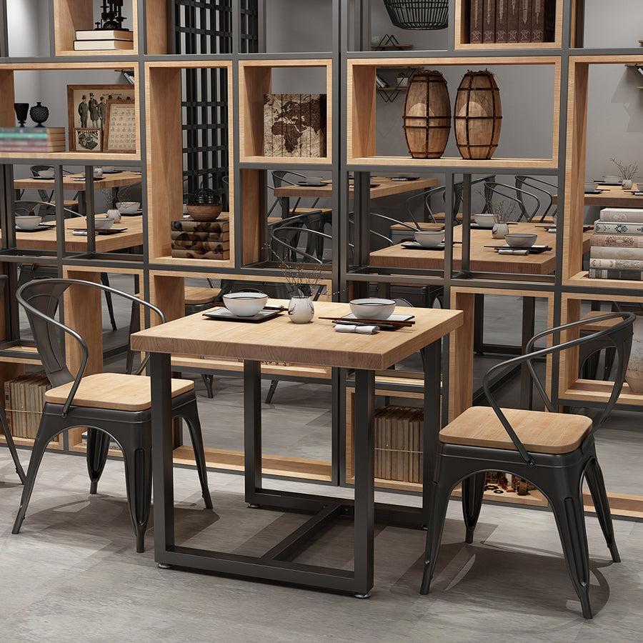 Industrial Solid Wood Dining Table Square Table in Brown with Metal Trestle Base
